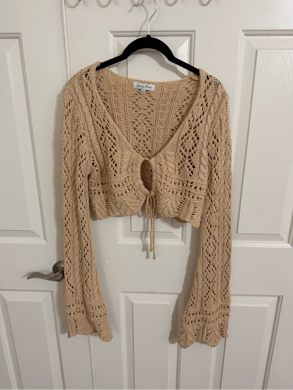 Emory Park M Beige Pointelle Knit Cropped Tie Front Bell Sleeve Sweater